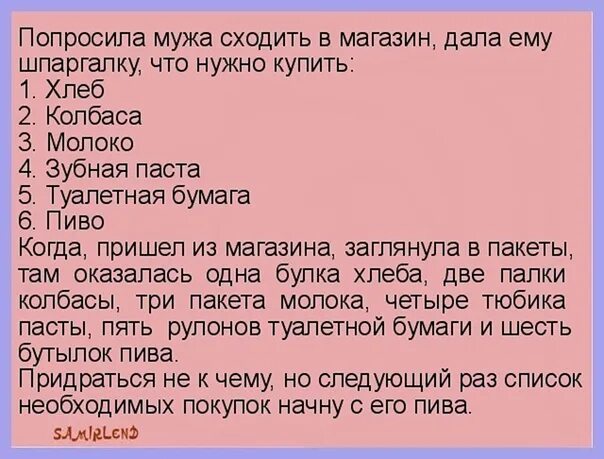 Мужа послали в магазин со списком. Отправила мужа в магазин со списком. Попросила мужа сходить в магазин. Муж пришёл из магазина. Отправила мужа в магазин