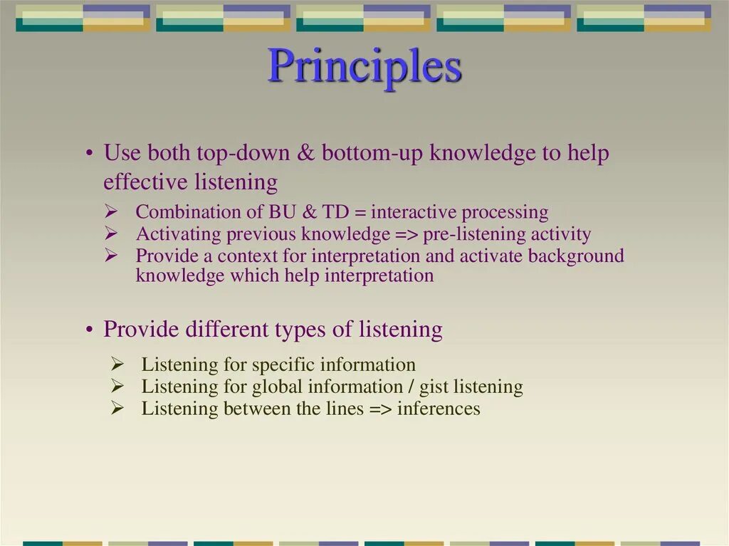 How to learn to listen. Bottom up and top down listening. techniques of teaching listening skills. types of listening in teaching skills. teaching listening presentation.