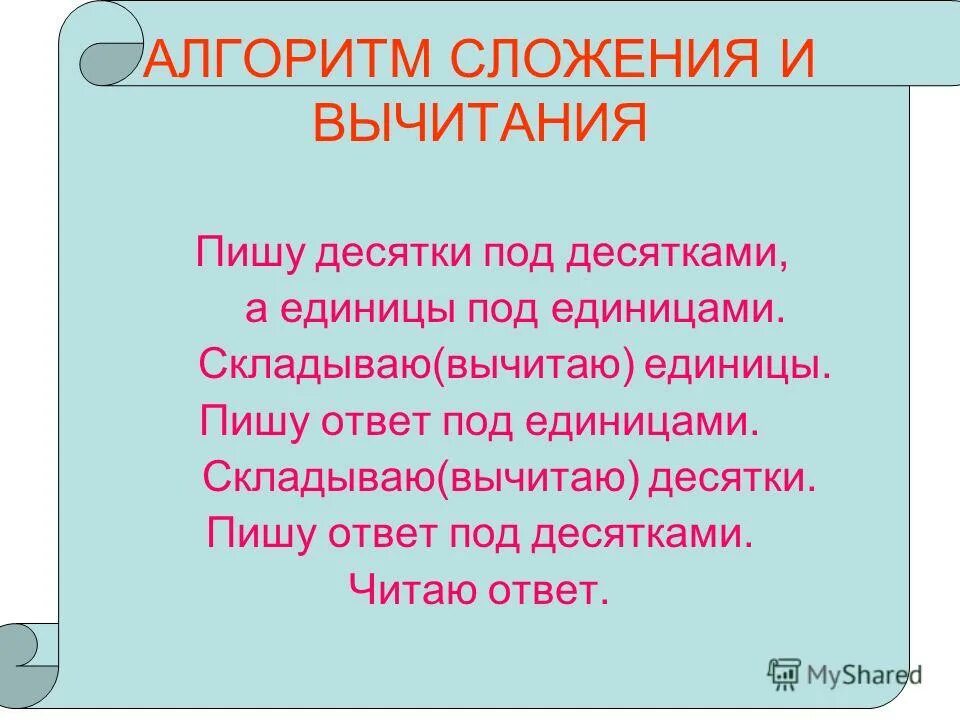 пишу десятки под десятками единицы под единицами. под десятками. алгоритм вычитания столбиком через десяток. под десятками. пишу единицы под единицами.