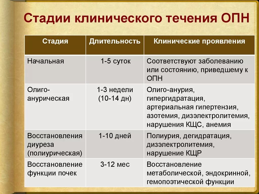 Признаки олигурической стадии ОПН. Стадии клинического течения ОПН. Стадии острой почечной недостаточности. Стадии острой Почасро недосиа. Опн клинические