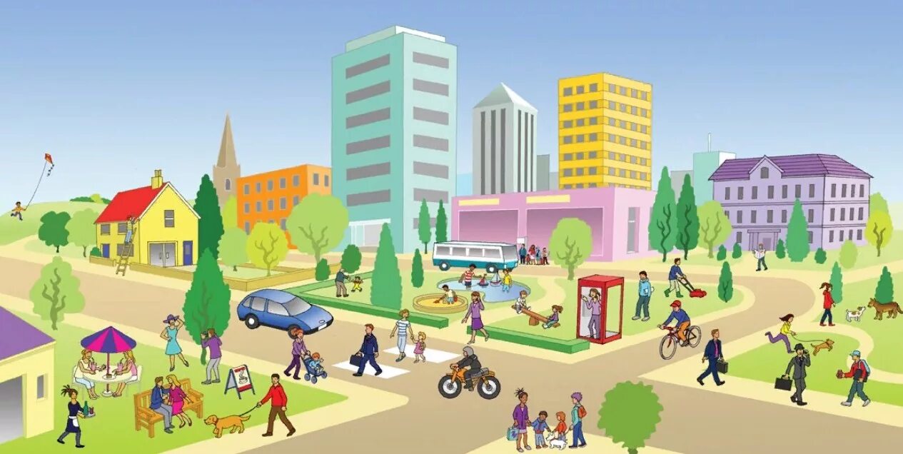 Дети в городе. Иллюстрация улицы города. Иллюстрация города для детей. Город для детского сада. Picture of a street scene