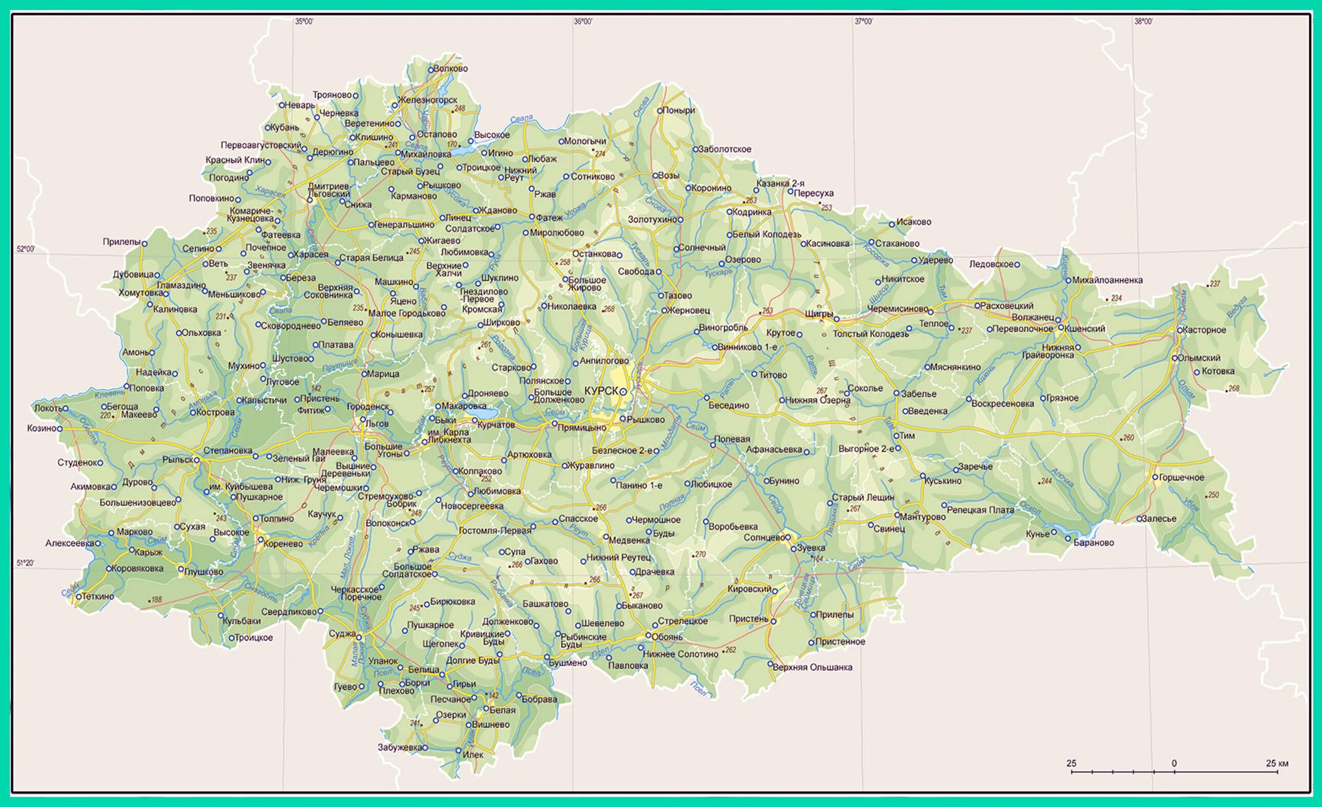 Физическая карта Курска. Карта: Курск. Курская область. Курская область на карте. Картаеурской обл. Курская область с поселками на карте