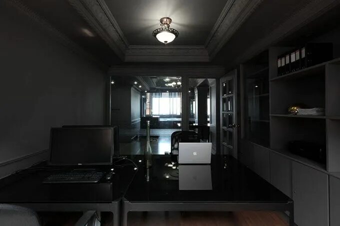 Черный интерьер офиса. Комната офиса темная. Кабинет с черными панелями. Темная стена офис. Офис черный экран