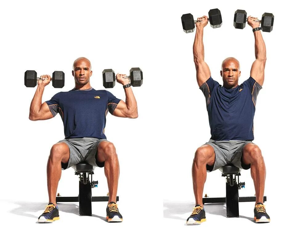 Упражнения для плечей с гантелями. Жим арнольда стоя. dumbbell shoulder press 2х1. seated barbell shoulder press. упражнения для плеч с гантелями.