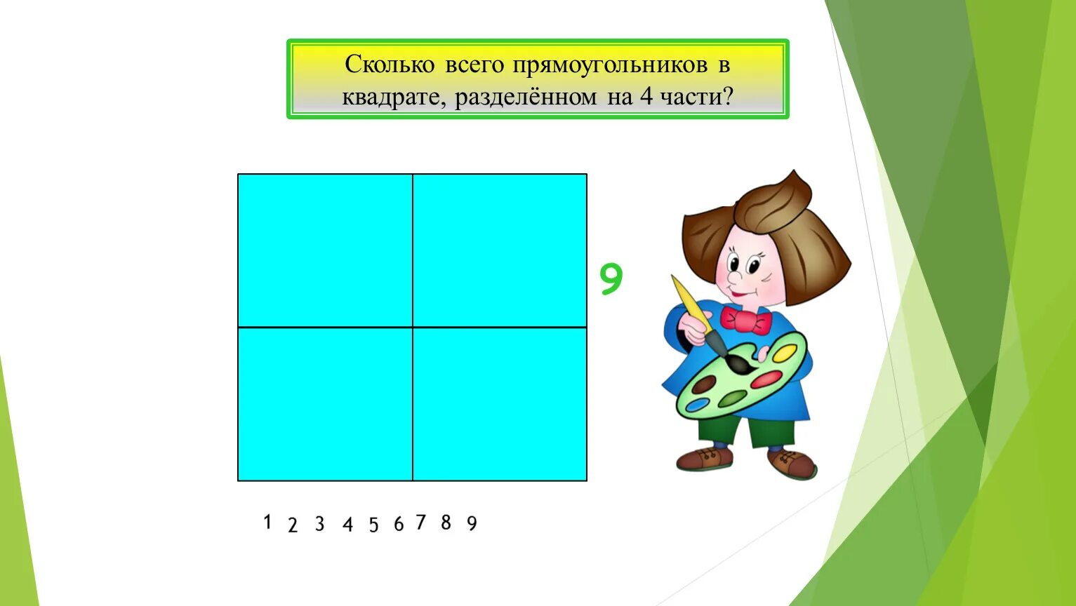 На сколько частей разделен прямоугольник. Сколько всего прямоугольников в квадрате разделенном на 4 части. Квадрат разделенный на 4 части. Сколько прямоугольников в 9 квадратах. Сколько прямоугольников в квадрате деленное на 4 части.