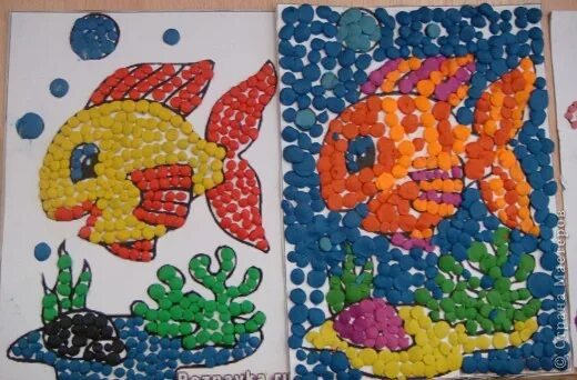 Мозаика пластилином. Пластилинография рыбка. Аппликация мозаика для детей. Поделки из пластилина на картоне.