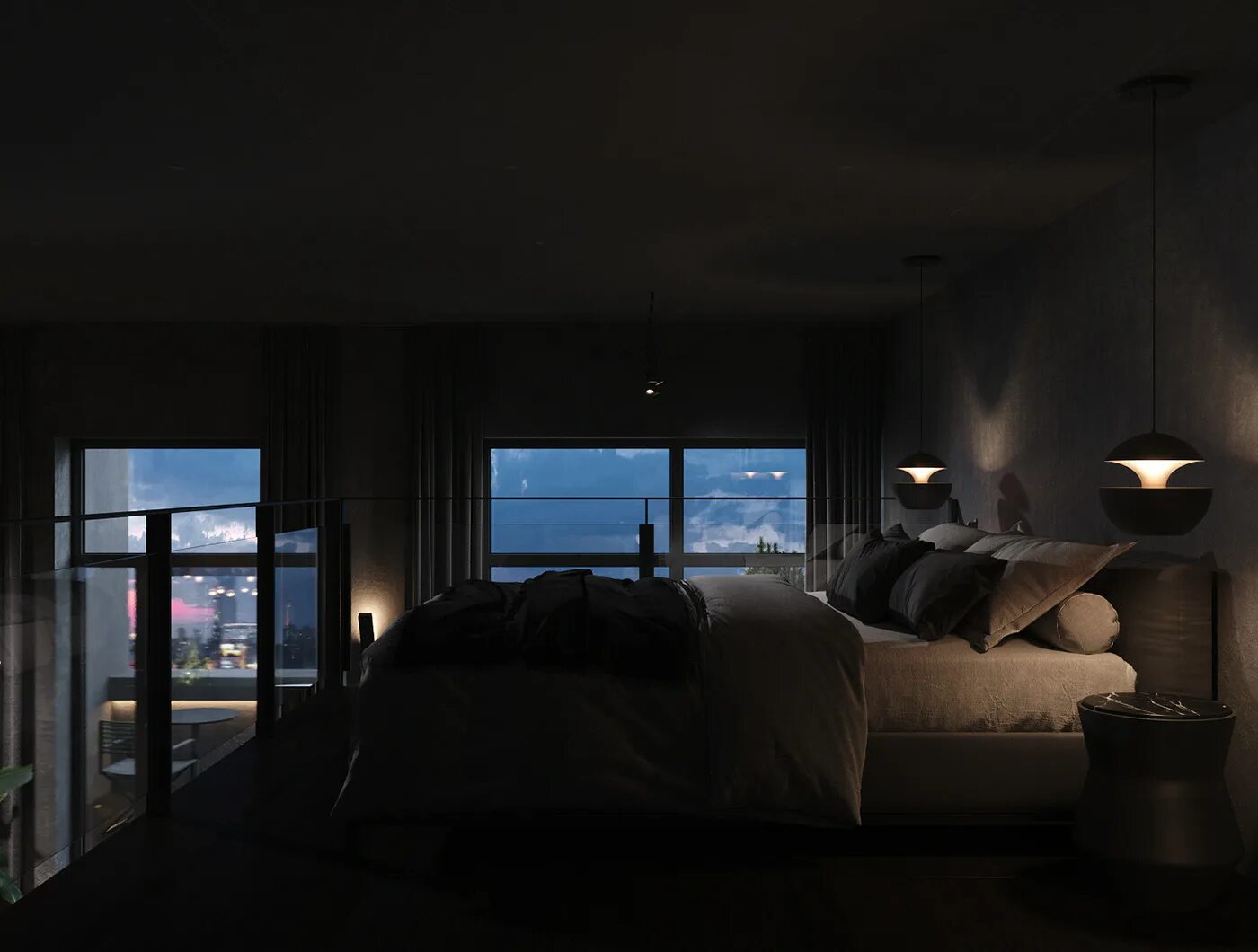 Комната с окном ночью. Темный интерьер. Спальня с панорамными окнами. Спальня с панорамными окнами ночь.