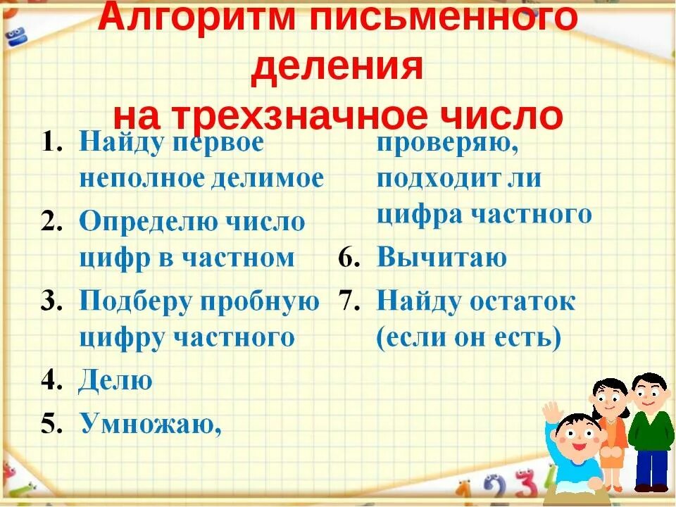 Алгоритм письменного умножения на трехзначное число. Алгоритм деления многозначных чисел на трехзначное число 4 класс. Алгоритм деления на трехзначное число. Алгоритм деления на трёхзначное число 4 класс школа России. Алгоритм письменного деления столбиком 4 класс.