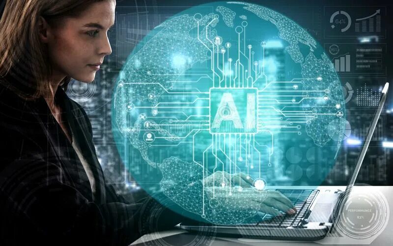 Как обучается искусственный интеллект простыми. Искусственный интеллект интерфейс. машинное мышление. девушка аналитик данных картинка. понятие киберразведки.