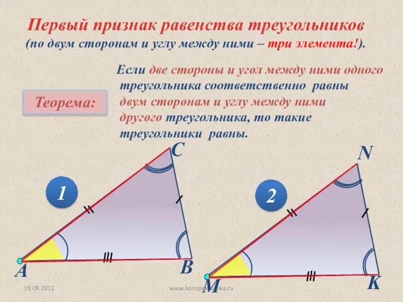 Геометрия 7 первый признак равенство треугольника. Геометрия первый признак равенства треугольников теорема. 1 пртзнак равенства треугольник. признак равенства треугольников по двум сторонам. признак равенства по 2 сторонам и углу между ними.