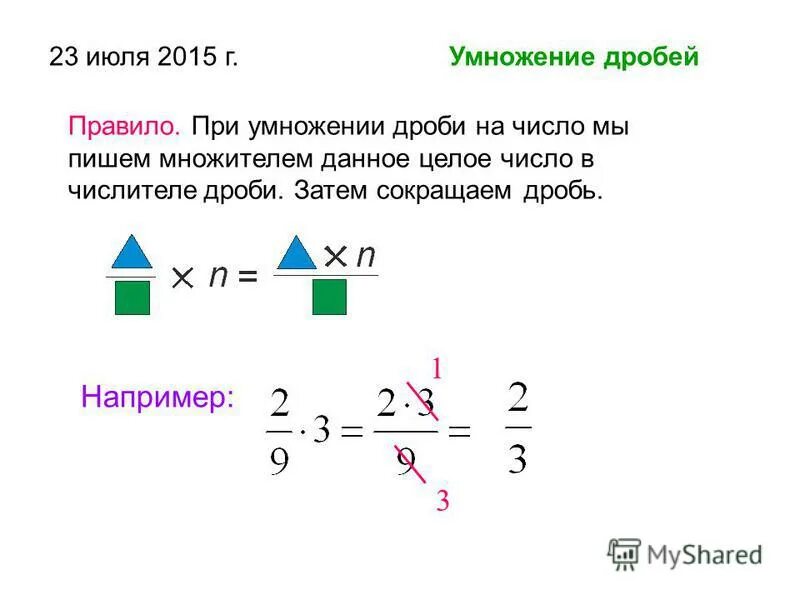 Сократить дробь умножить на 2 умножить. Как сокращать дроби при умножении. Умножение числа на дробь правило. При умножении дробей. Как умножить целую часть на дробь.