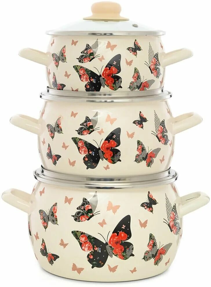 набор кастрюль эстет, эмалированная сталь. 4шт. Estet посуда эмалированная совы. сковорода 21 см. на деревян.