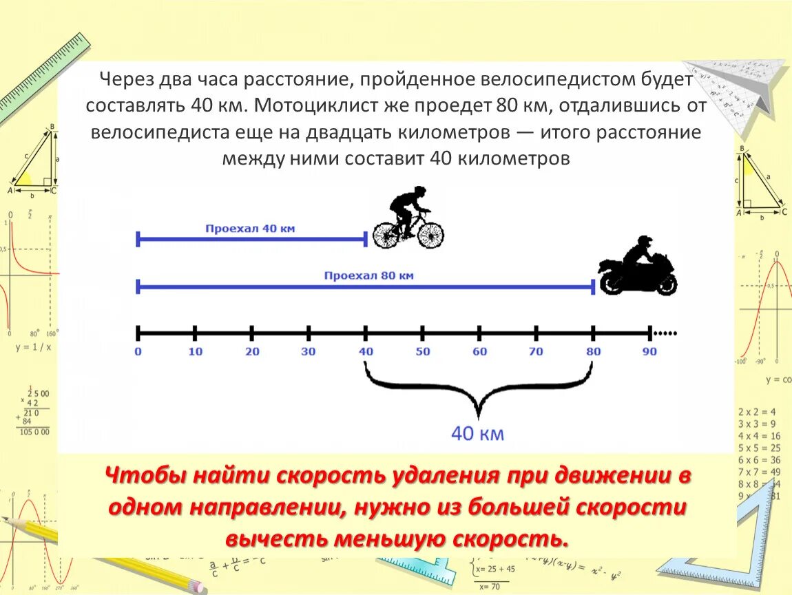Одновременно получаем и. Расстояние, пройденное велосипедистом. Средняя скорость велосипедиста. Расстояние через скорость. Решение задачи про велосипедиста и пешехода.