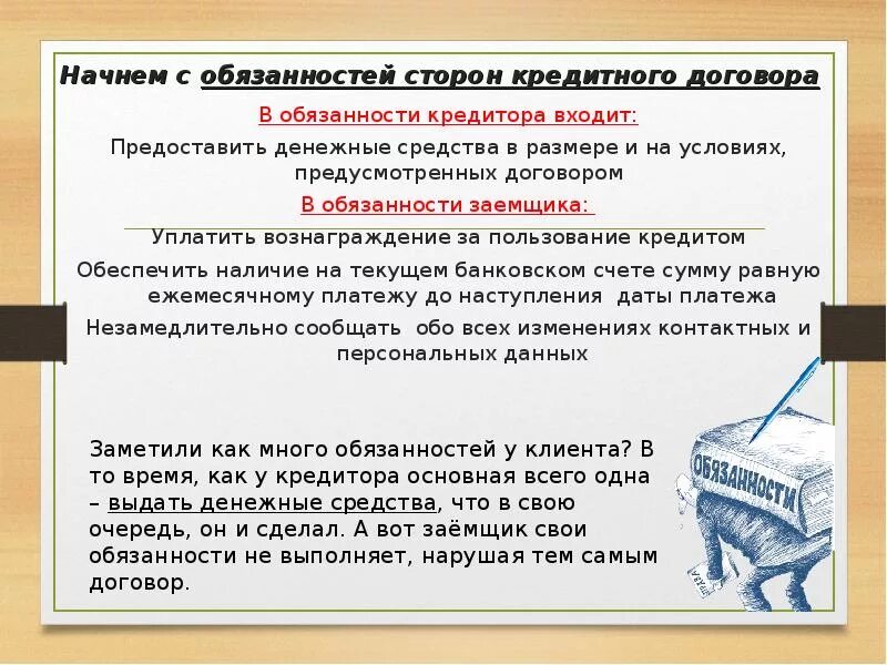 Ответственность должника перед кредитором. Обязанности кредитора и заемщика. Кредитный договор обязанности сторон. Ответственность сторон по кредитному договору.