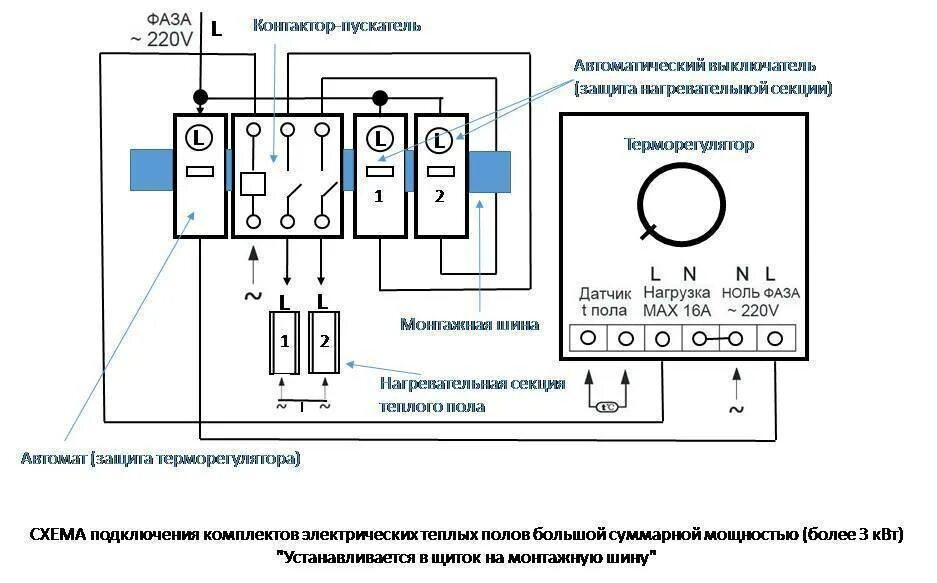 Через какое время включать теплый пол. Схема подключения термостата через контактор. схема подключения терморегулятора через контактор. схема подключения термостата теплого пола через контактор. схема подключения теплых полов через контактор.