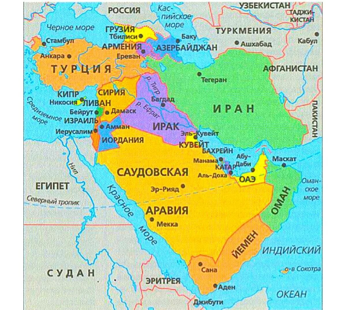 Какие города на востоке. Карта ближнего Востока со странами. Карта ближнего Востока и средней Азии. Политическая карта ближнего Востока. Политическая карта Юго Западной Азии.