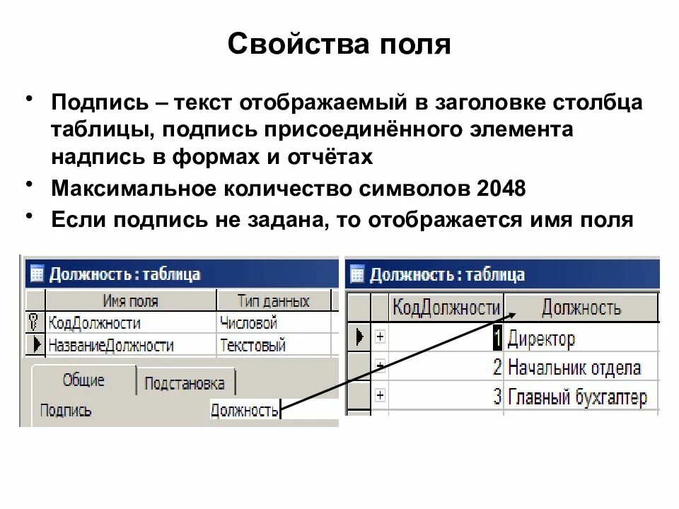 Свойства access. Свойство поля подпись. Подпись базы данных это. Таблица характеристики полей. Свойства полей в access.