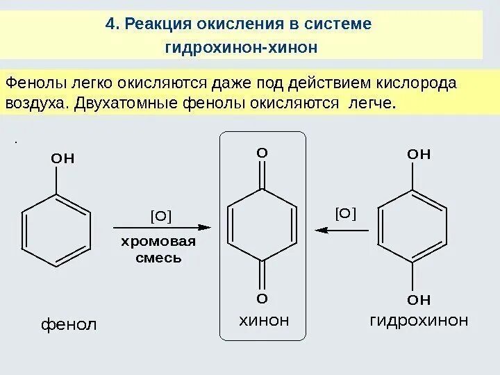 Окисление фенола окисление в системе гидрохинон-хинон. Окисление гидрохинона в хинон. Реакция окисления гидрохинона. Гидрохинон и хромовая смесь реакция. Фенол сильная кислота