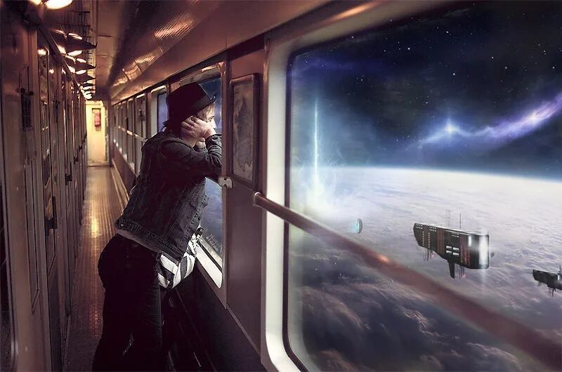 Включи станцию души. Поезд в космосе. Окно поезда. Железная дорога в космосе. Ночной поезд.