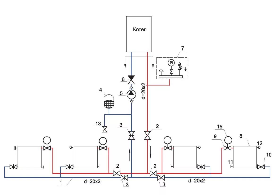 Схема разводки газового котла. Схема системы отопления квартиры с индивидуальным котлом. Схема разводки труб электрокотла. Схема разводки отопления двухконтурного котла.