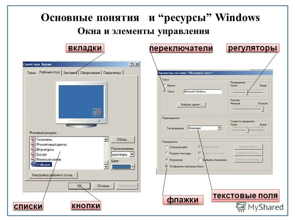 Тест элементы управления. Названия элементов диалогового окна. Графические элементы управления диалогового окна. Элементы интерфейса диалогового окна Windows приложения. Управляющие элементы.