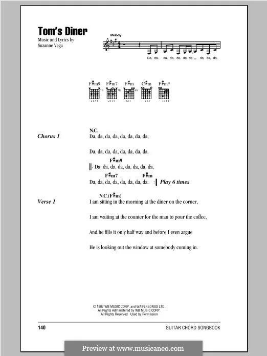 Песня toms diner. Suzanne Vega Tom`s Diner Ноты. Tom's Diner Suzanne Vega текст. Tom's Diner Ноты для гитары. Tom's Diner аккорды.