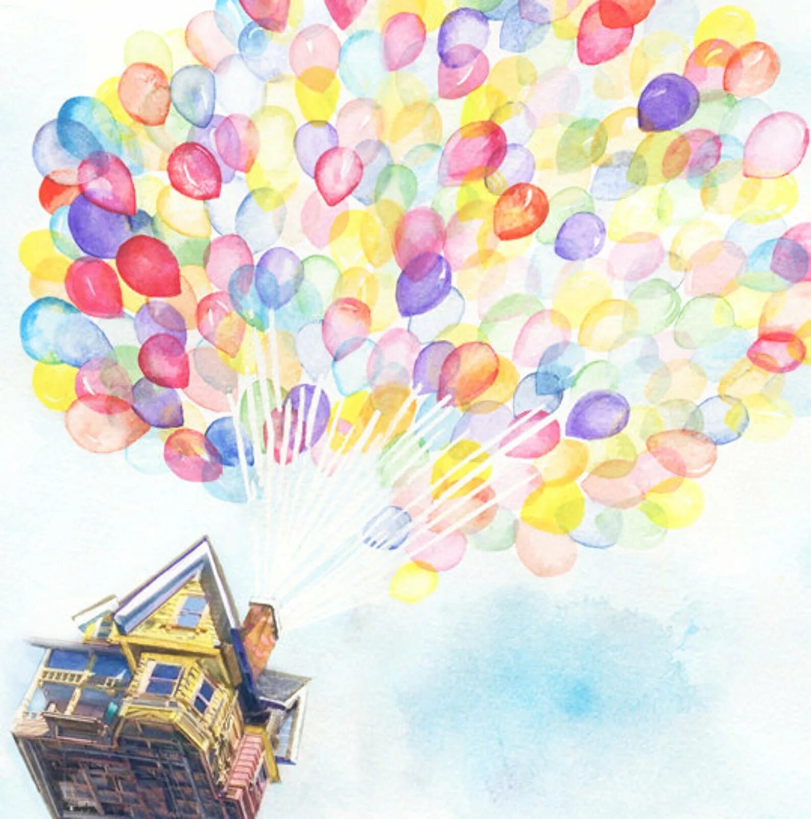 Воздушные шары акварель. Домик на воздушных шариках. Шарики акварель. Картина с воздушными шарами.