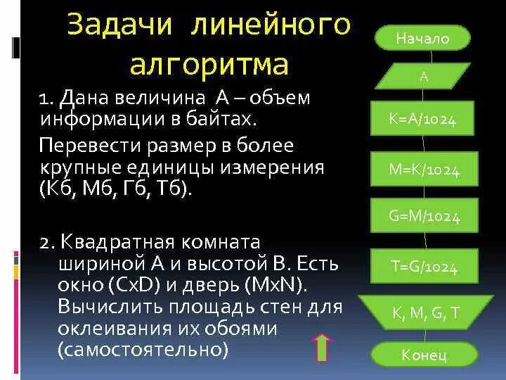 Линейный алгоритм задачи. Линейный алгоритм задания. Алгоритмы и величины. Величина выражающая объем