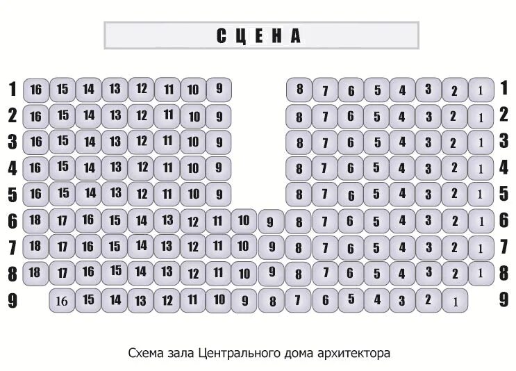 Большой зал ДК СтроительНа малой сцене 5 рядов по 13 мест. Фотография из альбома