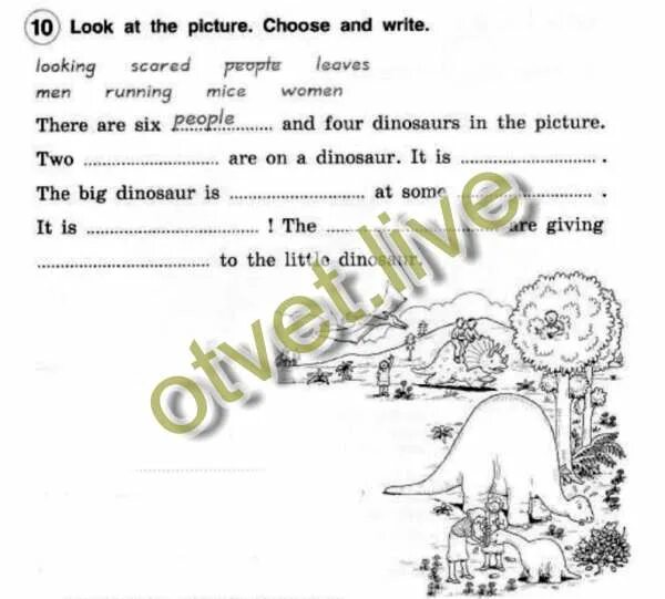 Look at the picture choose and write. Choose and write ответы. there are six people and four dinosaurs in the picture. two men are on a dinosaur.
