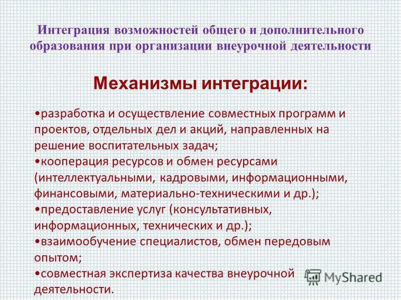 Механизм организации внеурочной деятельности. Интеграция общего и дополнительного образования. Внеурочная деятельность студентов. Модель доп образования внеурочной деятельности.