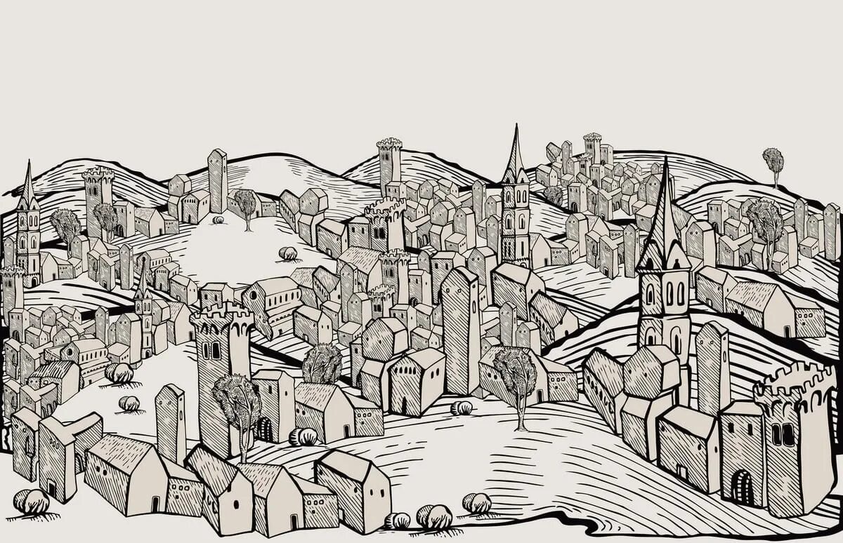 Нарисовать площадь средневекового города. Эскиз средневекового города. Средневековый город рисунок. Исторический город рисунок. Город Графика.