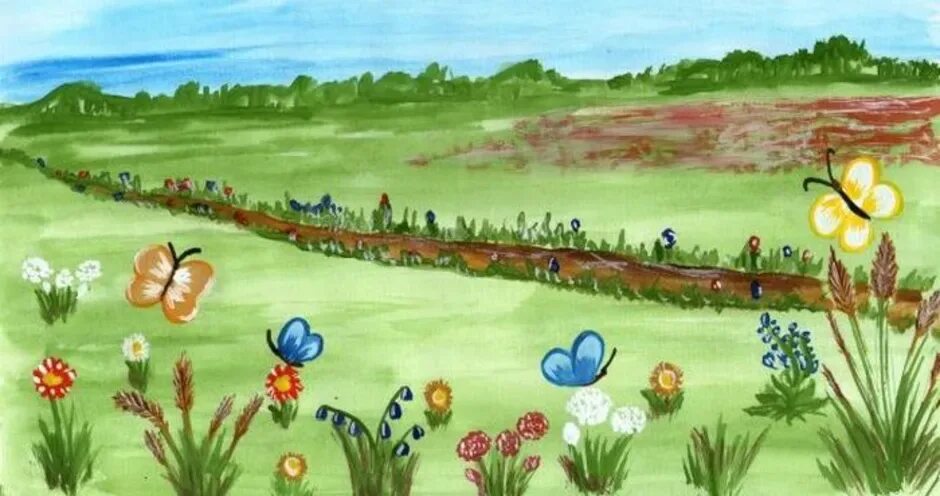 Нарисовать луг 1 класс окружающий. Луг детский рисунок. Рисунок Луга. Летний пейзаж в старшей группе. Рисование луг с цветами карандашами.