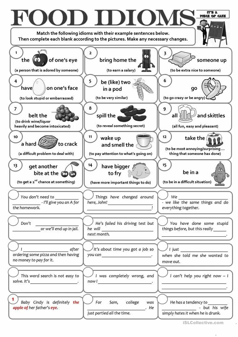 In each of the sentences below. Food idioms. Idioms Worksheets. English food idioms. Food idioms Worksheets.