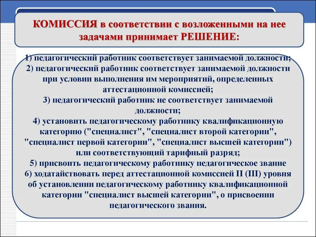 Педагогические звания. Категории специалистов. Уровень занимаемой должности. Процедура аттестационной комиссии.