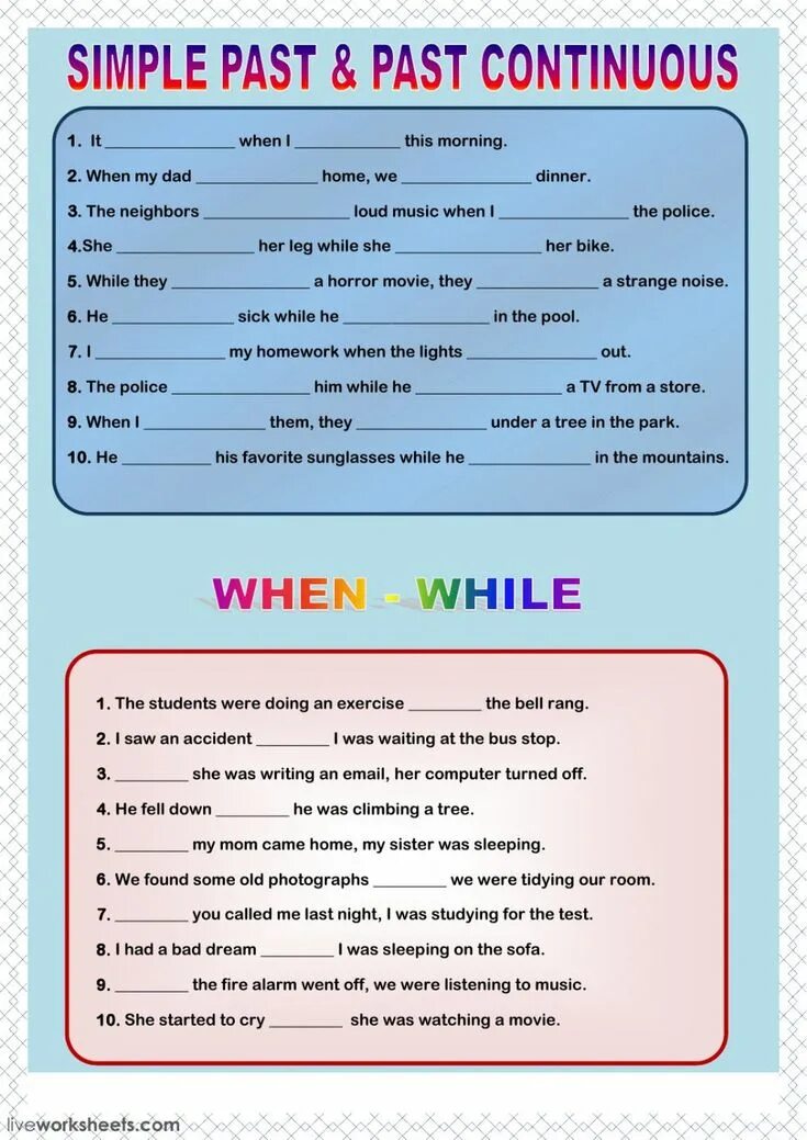 Perfect liveworksheets. Past simple vs past Continuous when while Worksheets. Past cont vs past simple exercises. Past simple vs past Continuous упражнения Worksheets. When while past Continuous и past simple Worksheets.