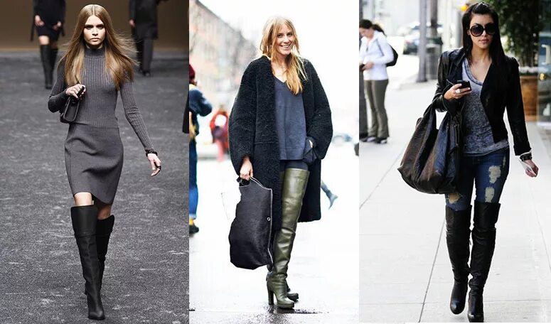 Луки с ботфортами на каблуке. Как правильно ботфорты. Образы с высокими сапогами без каблука. Платье под ботфорты. Образ с длинными сапогами.