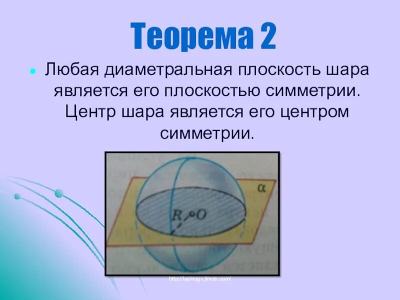 Сечение шара диаметральной плоскостью. Центр шара является его плоскостью симметрии. Любая диаметральная плоскость шара является его симметрии. Центр шара является его. Теорема шара.