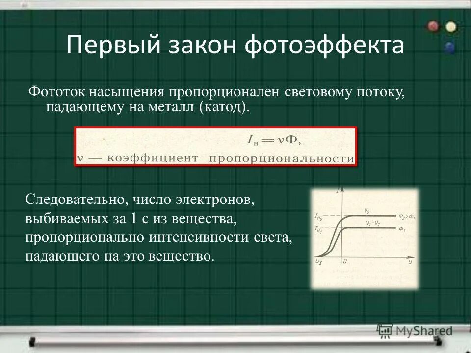 Фототок пропорционален световому потоку. Первый закон фотоэффекта. Фототок насыщения формула.