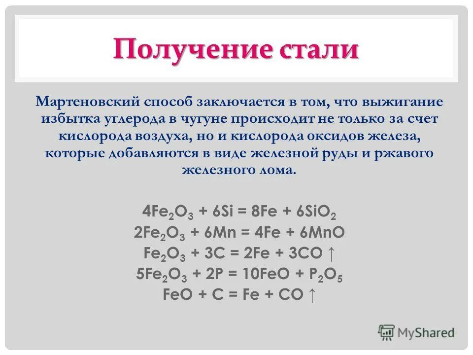 Уравнение реакций стали