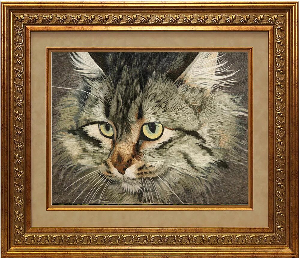 Купить живую картину. Вышивка портрет китайским шелком. Картина вышитая шелком. Портреты животных маслом. Вышивка шелком кота.