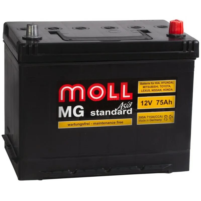 Moll MG Standard Asia 75r 735a 250x170x220. Moll MG Standard Asia 75ah 715. Аккумулятор автомобильный Moll MG Standard 75 Ач. Автомобильный аккумулятор Moll 70 Ah. Аккумулятор asia 75