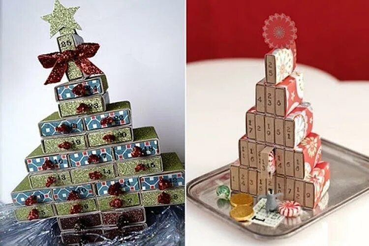 Адвент календарь из спичечных коробков. Елка из коробок. новогодняя елка из коробок. елка из спичечных коробок. новогодняя елка из спичечных коробков.