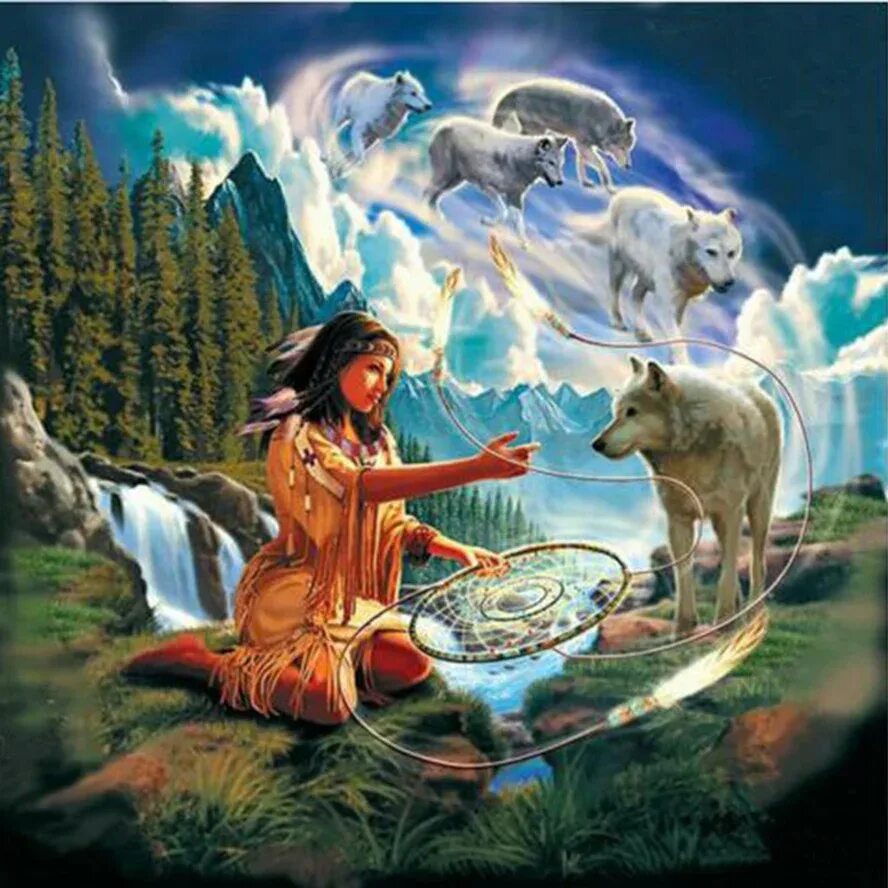 Алмазная мозаика индейцы. Волк индеец. Девушка шаман и волк. Волк шаман. Сон индейцы