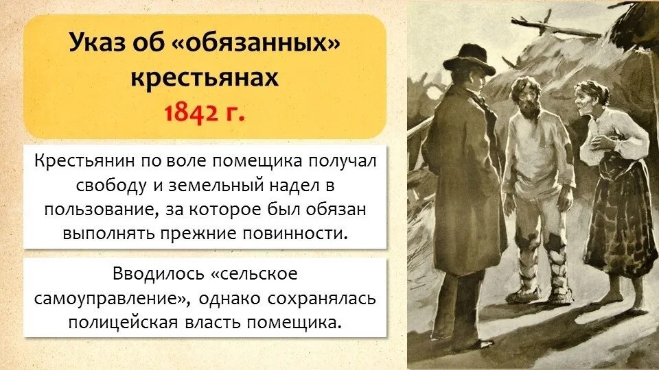 Срок в течение которого землевладельцы могли. Об обязанных крестьянах 1842 г. 1842 Указ об обязанных крестьянах. Указ об обязанности крестьян 1842.