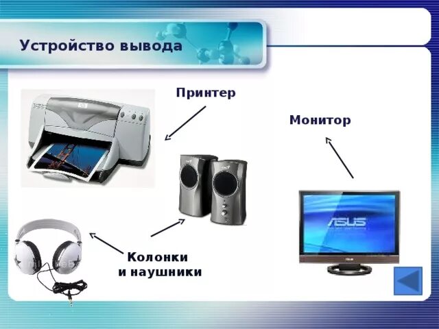 Устройство вывода монитор. Монитор принтер колонки. Устройства вывода монитор принтер колонки. Колонки монитор наушники принтер. Дополнительные устройства ПК.