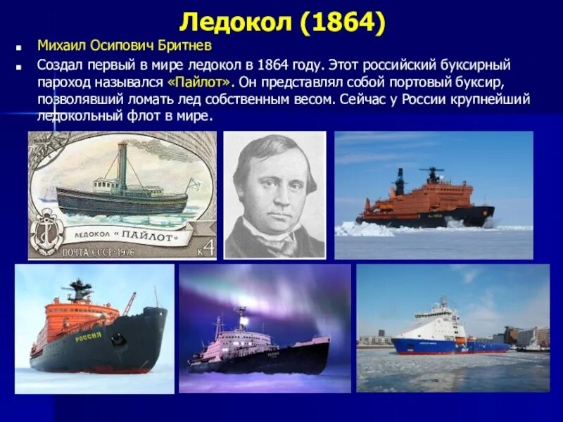 Название первого в мире атомного ледокола. Ледокол пайлот 1864. бритнев изобретатель ледокола.