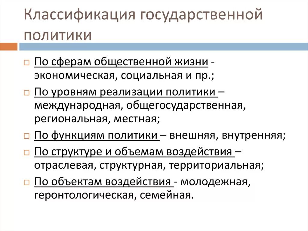 Определите виды государственной политики