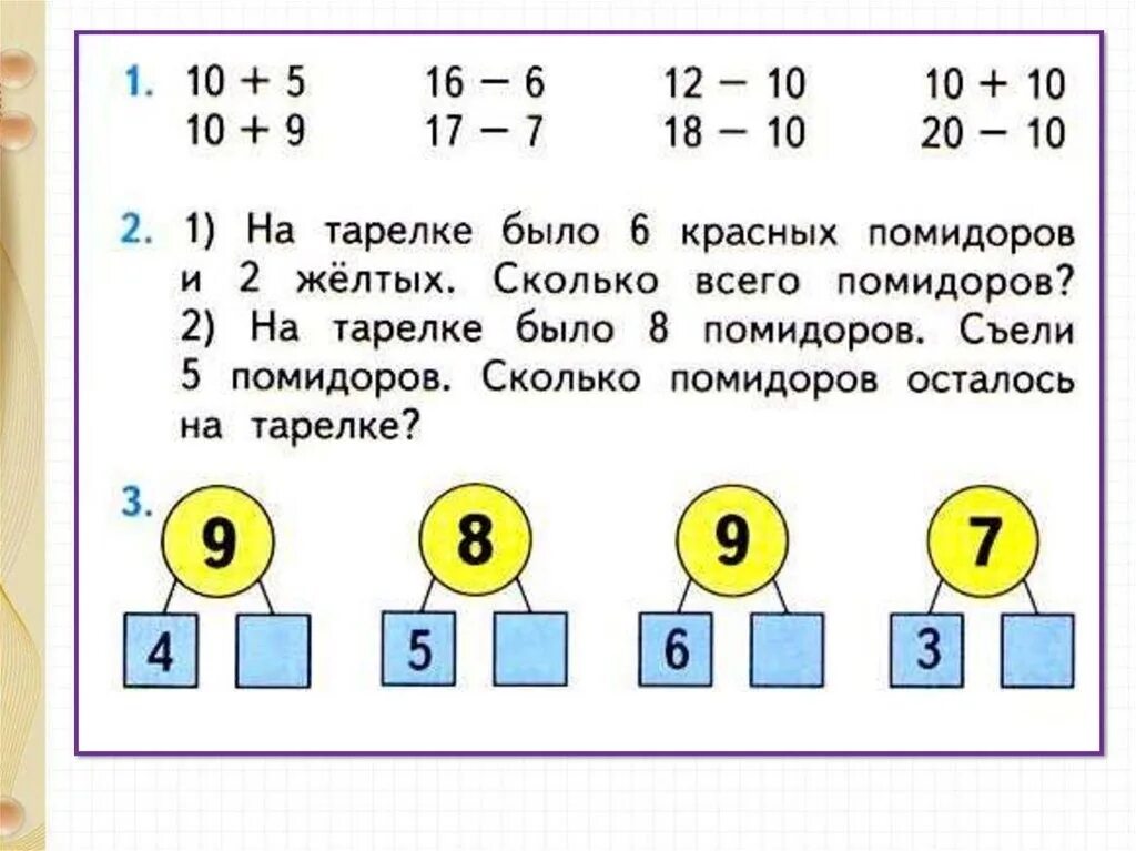 Вычитание чисел первого десятка. Случаи сложения и вычитания, основанные на знаниях нумерации.. Задания в пределах второго десятка. Математика 1 класс тема сложение и вычитание. Сложение на основе разрядного состава числа.