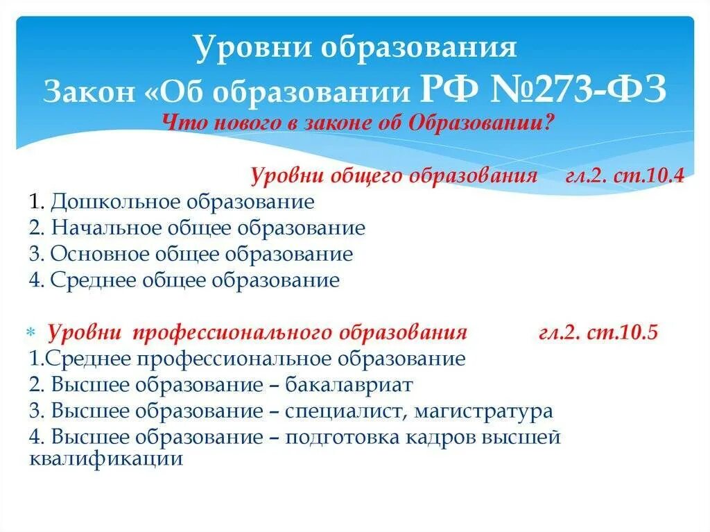 Статья 30 закона об образовании. Уровни профессионального образования в рф фз 273. уровни образования. закон об образовании уровни образования. назовите уровни общего образования.